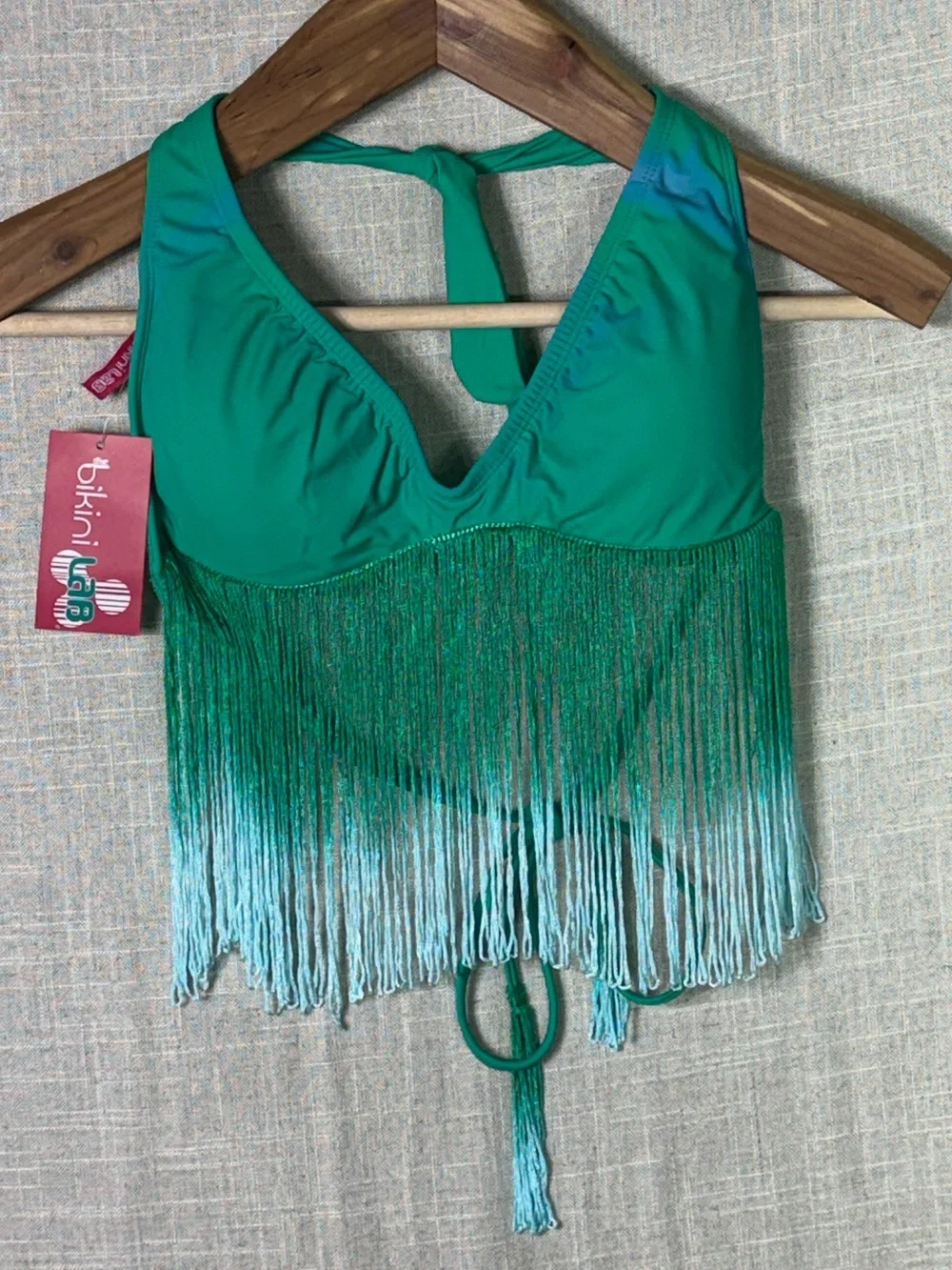 NWT Bikini Lab Ombré Fringe Triangle Bikini Top Green Size Large